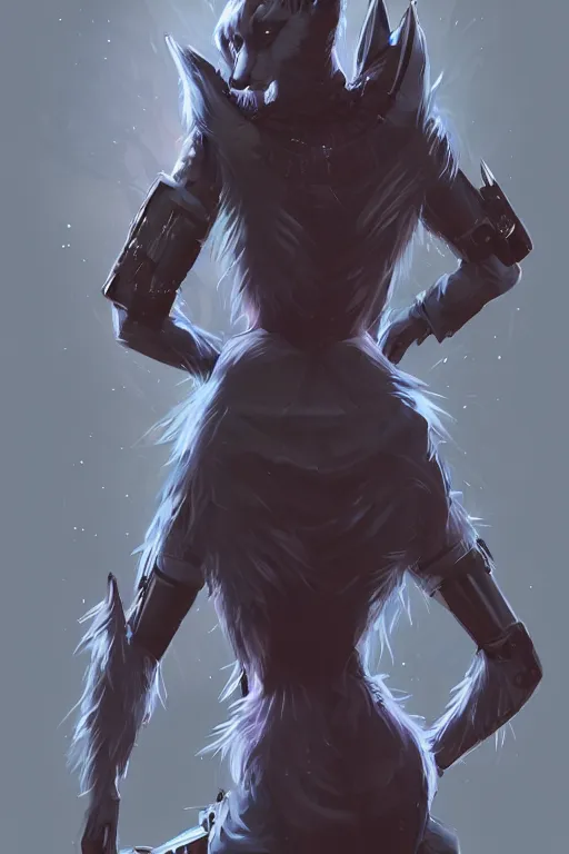 Image similar to an anthropomorphic cyberpunk fox with a fluffy tail, backlighting, trending on artstation, digital art, furry art, trending on furaffinity, fantasy art, by kawacy, view from behind