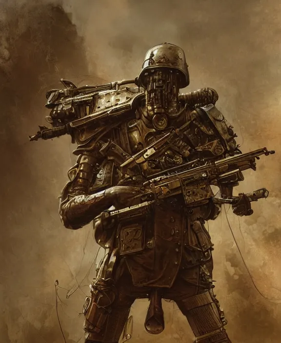 Prompt: a soldier in steampunk armour firing his gun in a deadly world war, by HR Giger and Beksiński and Stephan Martiniere , 4k resolution, detailed, trending on artstation