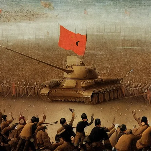 Image similar to tiananmen square tank man painted by hieronymus bosch, high quality, high resolution