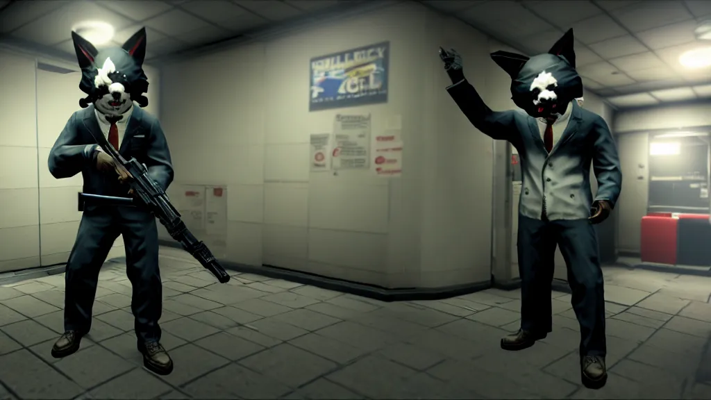 Image similar to Screenshot from the PC game Payday 2 demonstrating the fursuit unlock