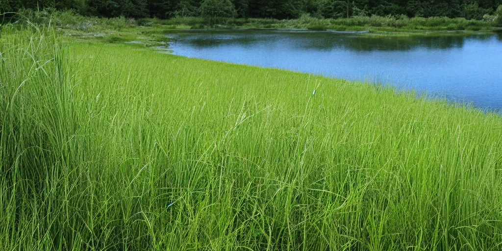 Prompt: photo grass with a lake in the center