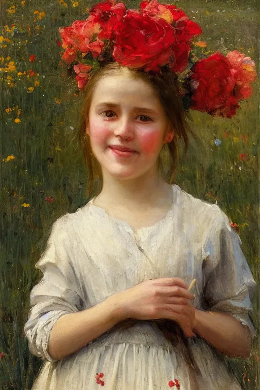Image similar to Solomon Joseph Solomon and Richard Schmid and Jeremy Lipking victorian genre painting portrait painting of a smiling young village girl in an open field of flowers, red background