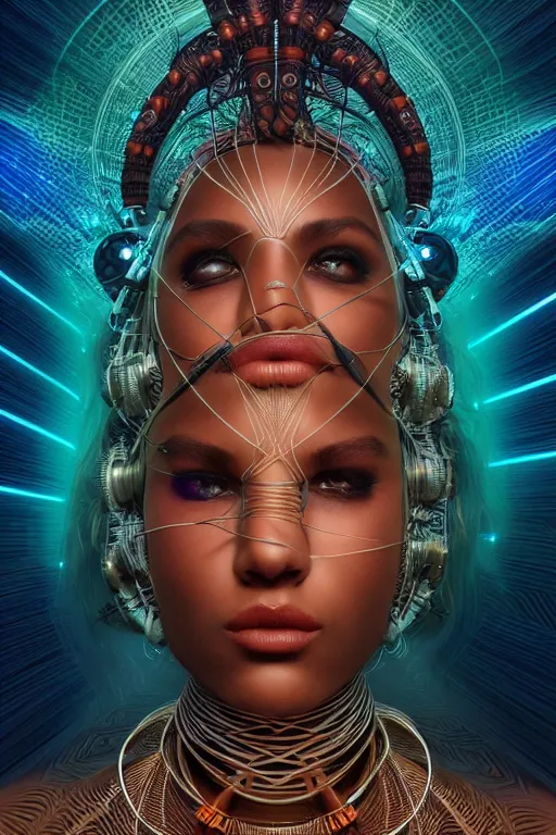 Image similar to a centered render of an alluring mystical tribal goddess adorned with cables and synthesizer parts is surrounded by sacred geometry, full body, gorgeous face, perfect face, powerful, cinematic, beautifully lit, by artgerm, by karol bak, 3 d, trending on artstation, octane render, 8 k