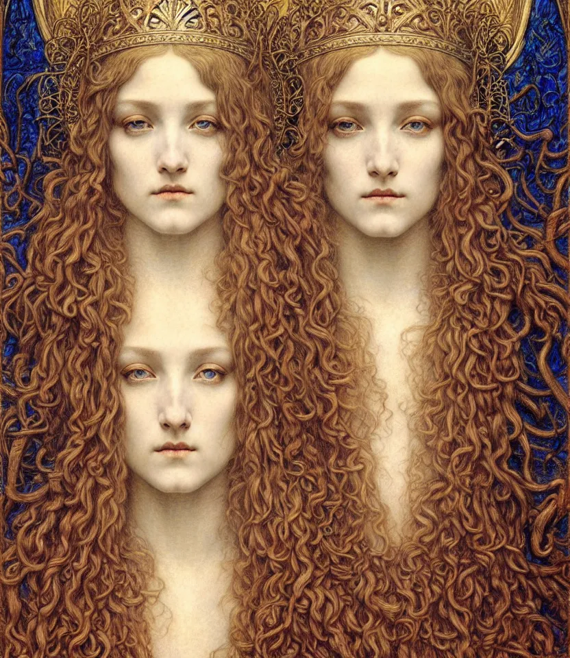 Image similar to detailed realistic beautiful young medieval queen face portrait by jean delville, gustave dore and marco mazzoni, art nouveau, symbolist, visionary, gothic, pre - raphaelite. horizontal symmetry