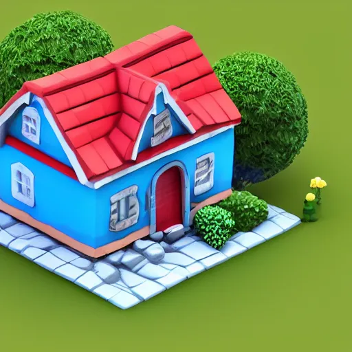 Image similar to cute chubby house, mobile game 3 d render, minimalistic, octane, 1 0 0 mm, depth of field, isometric, blue background