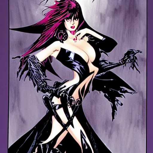 Prompt: Elvira mistress of the night comic book cover drawn by Jae lee