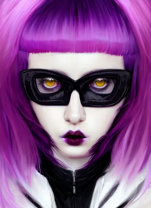 Image similar to portrait of white teenage girl, normal face, white bangs, mall goth, cyberlox, black and white hair, bangs, fluffy bangs, red contact lenses, purple lipstick, intricate, elegant, highly detailed, digital painting, artstation, concept art, sharp focus, smooth, illustration, art by wlop, mars ravelo and greg rutkowski