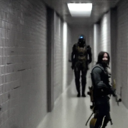 Image similar to Norman Reedus taking a selfie in the backrooms hallway wearing Death Stranding poster power armor, liminal space hallway, backrooms, selfie photo