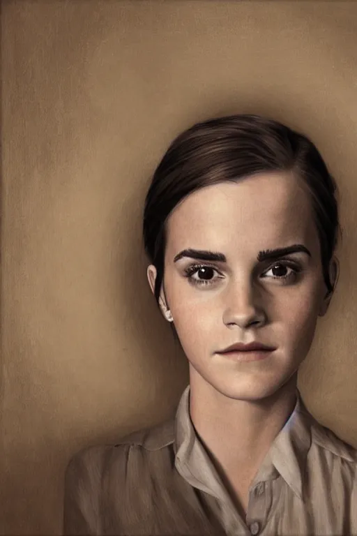 Image similar to ultra realistic emma watson face portrait in the style of grant wood