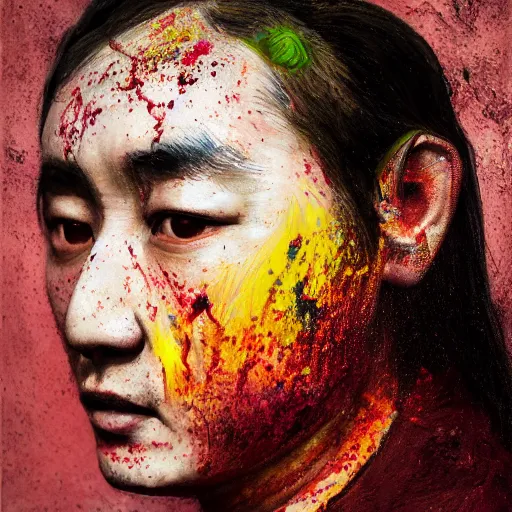 Prompt: photorealistic face portrait of chinese uyghur muslim prisoner, lots of spilled paint, wearing victorian rags, elite, disfigured, drooling, moist, unnatural movement, they are unhappy, bizzaro, baroque, renaissance, by emedios varo and anato finnstark and fenghua zhong, hyperrealism, 8 k, 3 d, masterpiece, texture