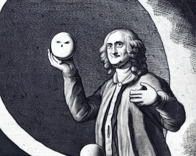 Image similar to isaac newton holding an apple in his hands and looking at the moon