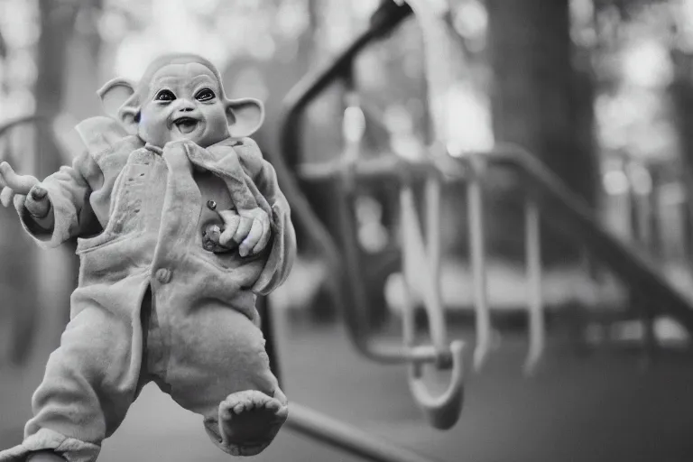 Image similar to baby-yoda!!!!!!, happy, in a playground, on a slide, arms in the air, shallow depth of field,