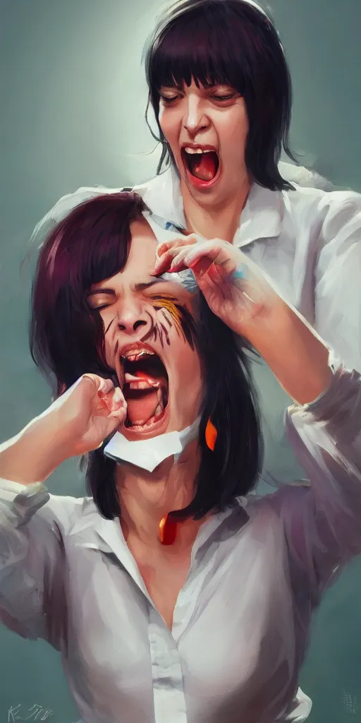 Prompt: Every Mia Wallace ever laughing at you, Darek Zabrocki, Karlkka, Jayison Devadas, Phuoc Quan, trending on Artstation, 8K, ultra wide angle, pincushion lens effect