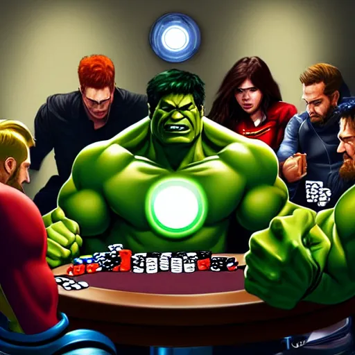 Image similar to The Avengers playing Texas Hold'em Poker at a round table, Hulk going all in, trending digital art, artstation