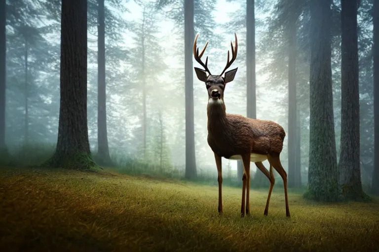 Prompt: a close up of the head of a deer with very bright eyes, background of a landscape misty forest scene, the sun glistening through the trees, hyper realistic photograph, octane render 8k, trending on artstation, unreal engine