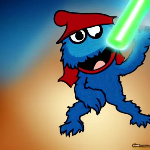 Image similar to angry cookie monster holding a lightsaber, epic anime style.