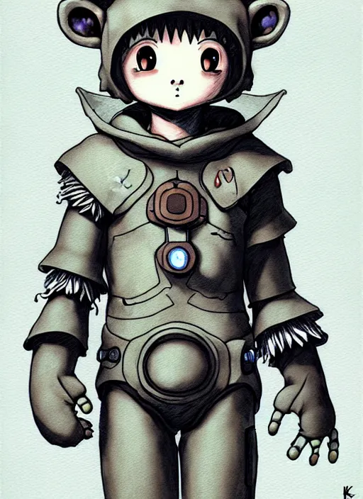 Image similar to beautiful little boy wearing an cyborg bear suit, artwork in kentaro miura and made in abyss and rosdraws, smooth, beautiful lightness, anatomically correct, trending on pixiv, forest