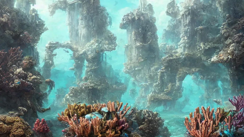 Prompt: Trending on artstation, beautiful underwater ruins, coral reef, detailed matte painting, oil on canvas