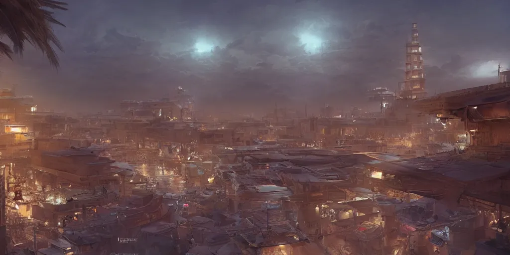 Image similar to Futuristic marrakech , beautiful dynamic lighting, cinematic, wide angle establishing shot, extremely high detail, photo realistic, cinematic lighting, post processed, concept art, artstation, matte painting, style by eddie mendoza, raphael lacoste, alex ross, volumetric lighting, light rays, photorealistic, ultrarealistic, moody, coronarender, 8k