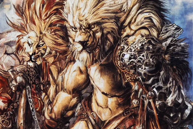 Image similar to 8k Yoshitaka Amano painting of upper body of a young cool looking lion beast-man at a medieval market at windy day. White mane, Depth of field. He is wearing complex fantasy armors. He has huge paws. Renaissance style lighting.