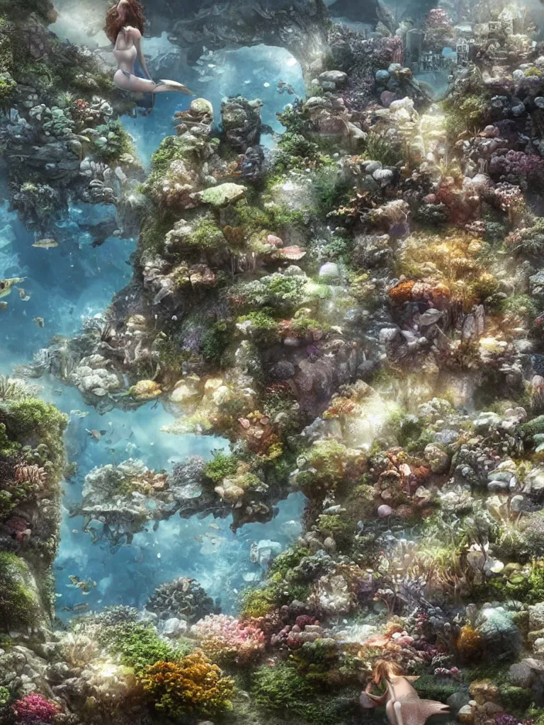 Image similar to partly underwater merpeople town made of rocks and sand, cute style garden, octane render, algae - trees, evergreen, patio, garden, wet atmosphere, tender, soft light misty yoshitaka amano, and artgerm