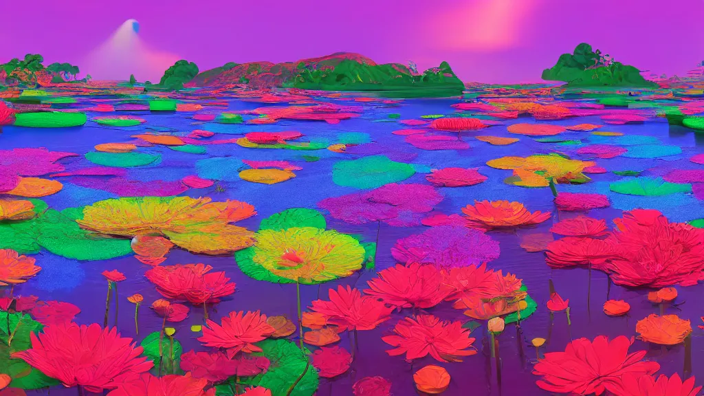 Prompt: digital illustration of a lake full of multi - colored megaflora lotus flowers by dr. seuss, reimagined by ilm and beeple : 1 | spectral color, electric color, rolling hills : 0. 9 | fantasy : 0. 9 | unreal engine, deviantart, artstation, hd, 8 k resolution : 0. 8