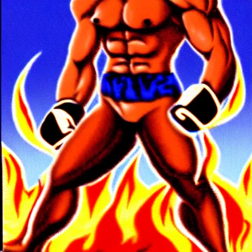 Image similar to full body portrait. 1 6 bit sega graphics. antropomorphic muscular masculine wolf, kickboxer fighter, in shorts, wolf head, in front of burning town at night. furr on body. 1 9 8 9