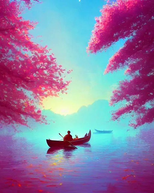 Prompt: a couple in a rowboat traveling down the river | cherry - blossoms | highly detailed | very intricate | serene romantic fantasy whimsical magical | soft bright natural morning light | pixar | award - winning | matte painting by anton fadeev and paul lehr and rhads and alena aenami | pastel color palette | featured on artstation