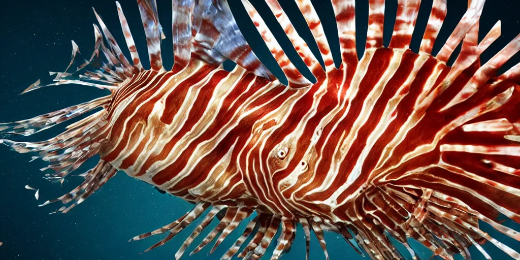 Image similar to lionfish, stylized layered textures, long flowing fins, bioluminescent orbs, 3 d render, substance painter, glowing eye, smooth, sharp focus, art by h r giger