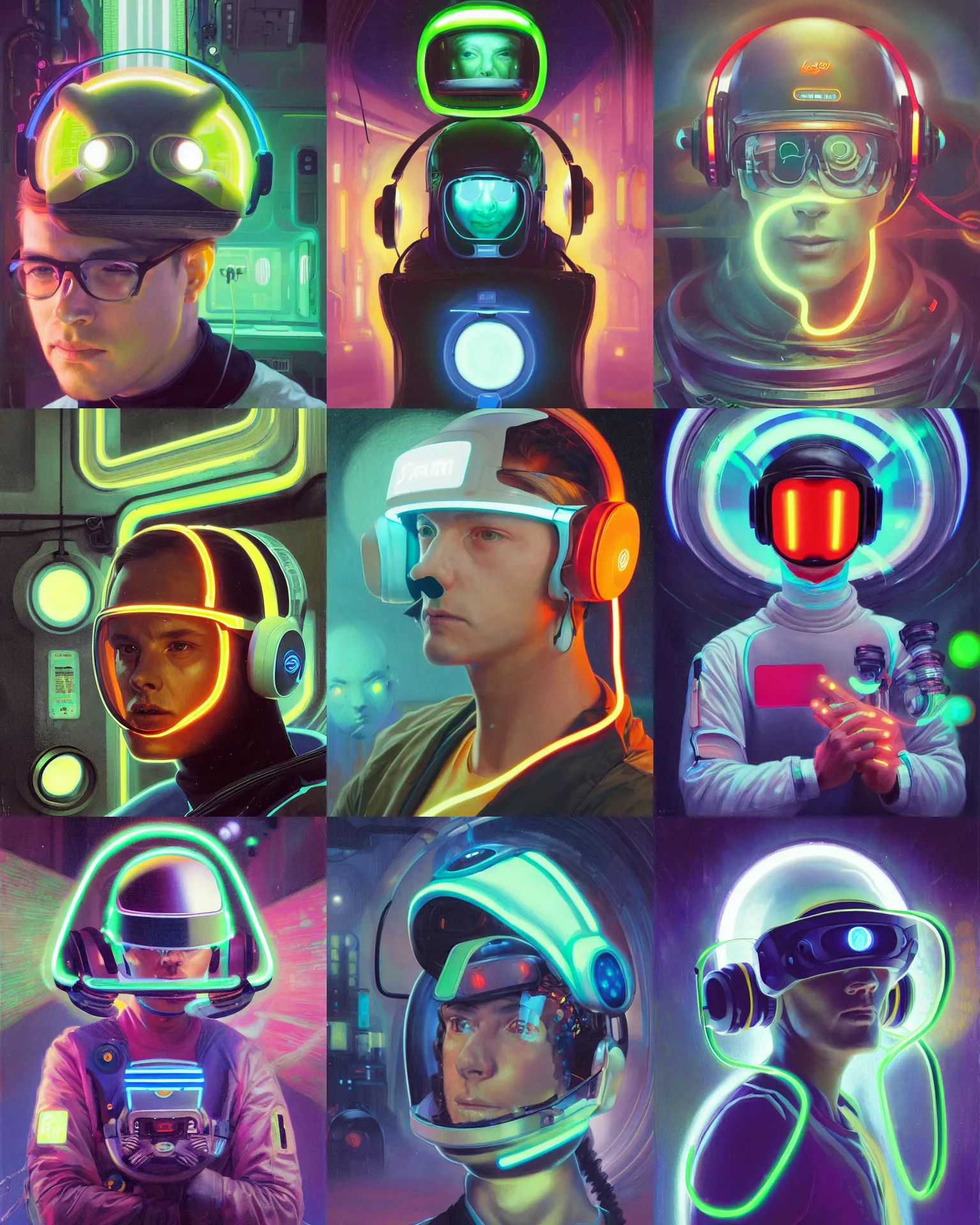 Prompt: sfam driver as a future coder looking on, glowing visor over eyes and sleek neon headphones, neon accents, bottom lighting, desaturated headshot portrait painting by donato giancola, dean cornwall, ilya repin, rhads, tom whalen, alex grey, alphonse mucha, astronaut cyberpunk electric fashion photography