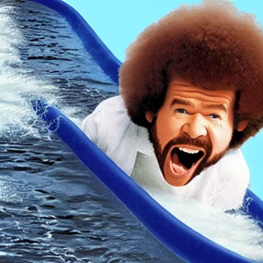 Image similar to bob ross screaming down a giant water slide