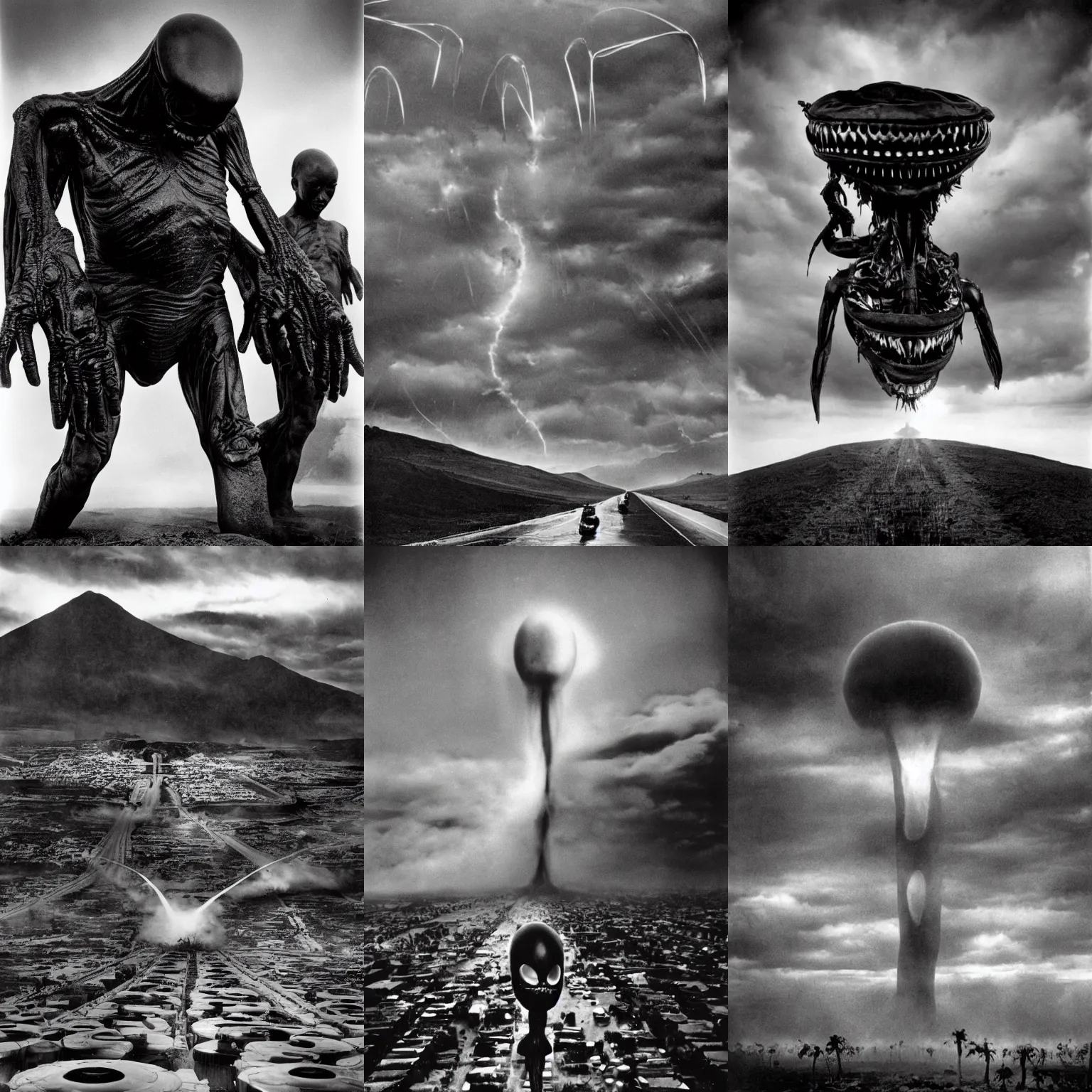 Prompt: an alien invasion photographed by Sebastião Salgado, black and white, high contrast, dramatic, film photography