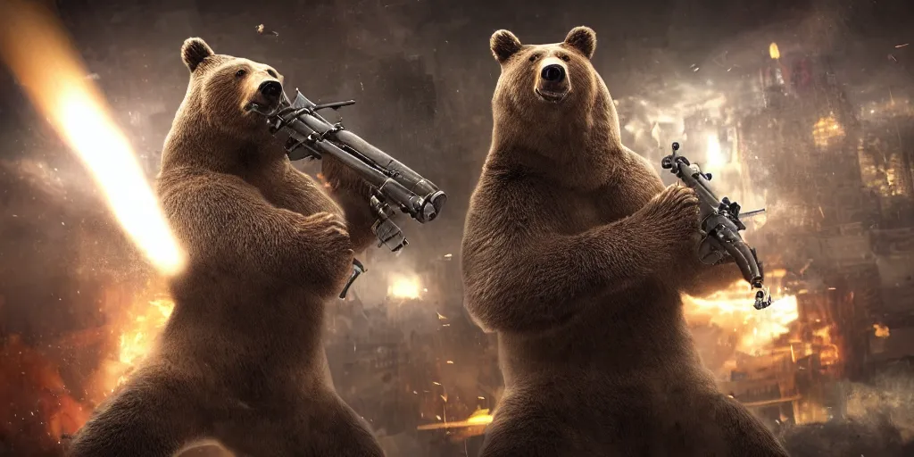 Image similar to bear holding a minigun and firing into a building, realistic 4 k octane beautifully detailed render, 4 k post - processing, highly detailed, intricate complexity, epic composition, magical atmosphere, cinematic lighting, masterpiece, ultra hd