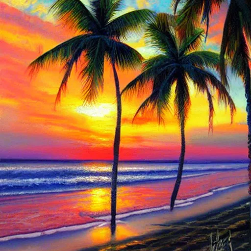 Image similar to A beautiful tropical beach at sunset Oil painting by Jim Warren