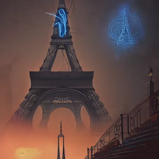 Image similar to a steampunk eiffel tower in heaven, steampunk dirty world, by wlop, greg rutkowski and beeple