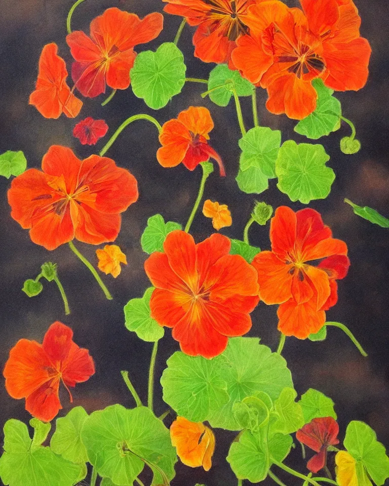 Prompt: fine painting of nasturtium and colourful smoke and dark flames.