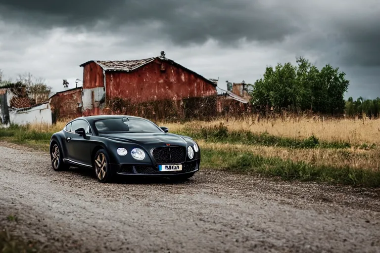 Image similar to modern rusty matte tired Bentley Continental GT without gloss no reflections drives along the road of an old Russian village with houses at the edges