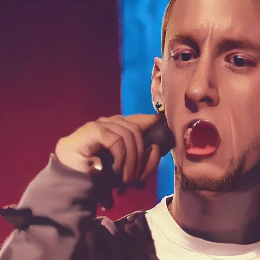 Prompt: still of an award - winning movie of eminem rapping on stage alongside a cartoon chocolate m & m candy, hyperdetailed, hdr, studio lighting, studio quality effects, epic!!!!!! 4 k, 8 k