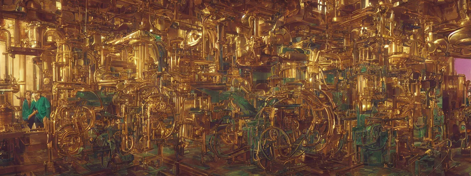 Image similar to a super high resolution film still of machine apparatus for making snake oil, huge copper machine with purple and green intricate pipework, art by andrey remnev, and bruce pennington, directed by denis villeneuve, cinematography by robby muller, kodachrome 8 k, snake machine, cinematic lighting