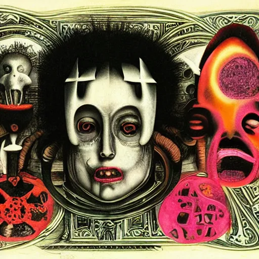 Image similar to post - punk album cover, asymmetrical design, dollar bank, new age, apocalypse, psychedelic, black white pink, magic, giger h. r., giuseppe arcimboldo