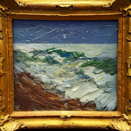 Image similar to oil paint impasto relief, beautiful evening italian beach scene, stormy rough sea, multi layered thick brush marks, some splattered paint, in the style of ivan shishkin and frank auerbach and van gogh