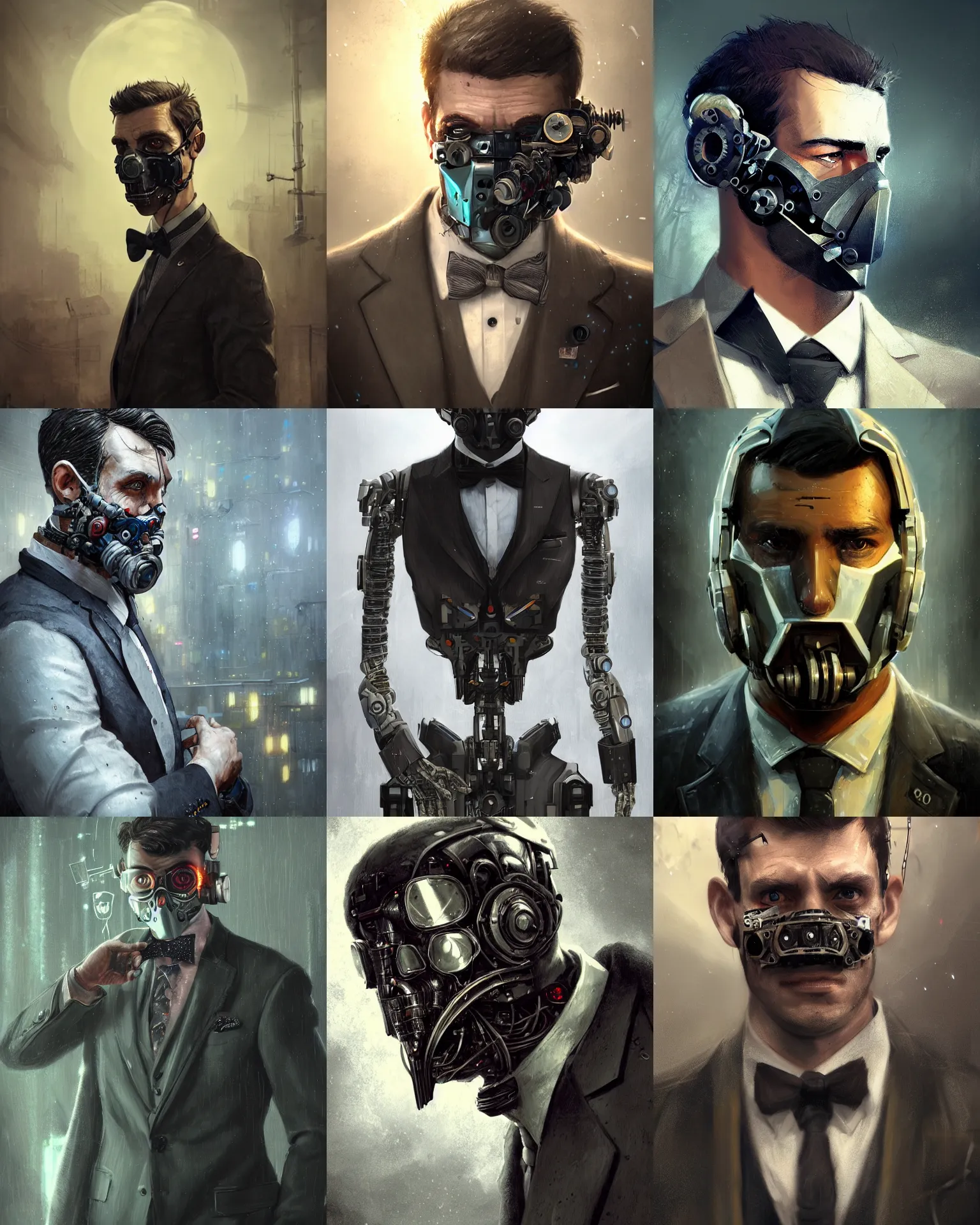 Image similar to a rugged young engineer man with cybernetic enhancements wearing a suit and bowtie, detailed face with mask, scifi character portrait by greg rutkowski, esuthio, craig mullins, 1 / 4 headshot, cinematic lighting, dystopian scifi gear, gloomy, profile picture, mechanical, half robot, implants, steampunk