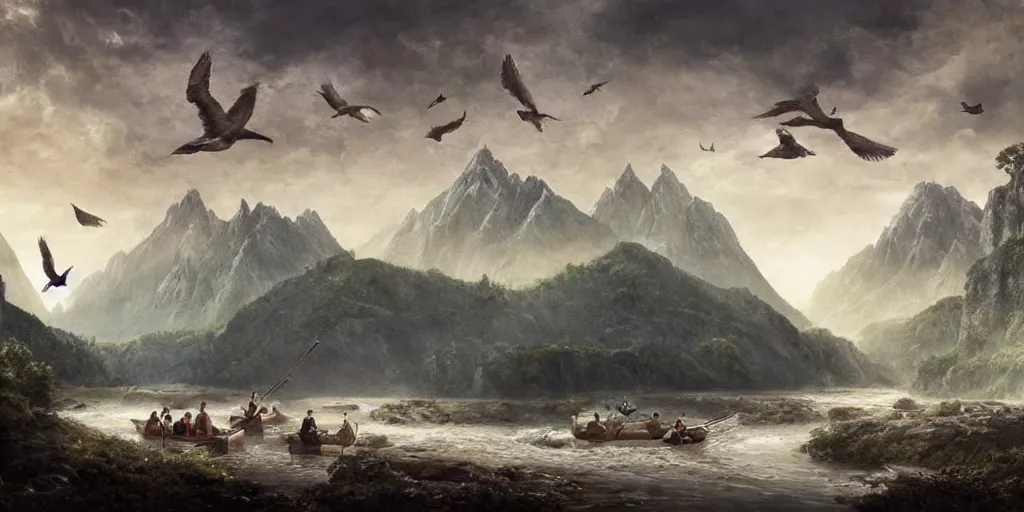 Image similar to A majestic landscape featuring a river, mountains and a forest. A small group of birds is flying in the sky. there is a group of man carrying a boat above their heads. Cinematic, very beautiful, painting in the style of Lord of the rings