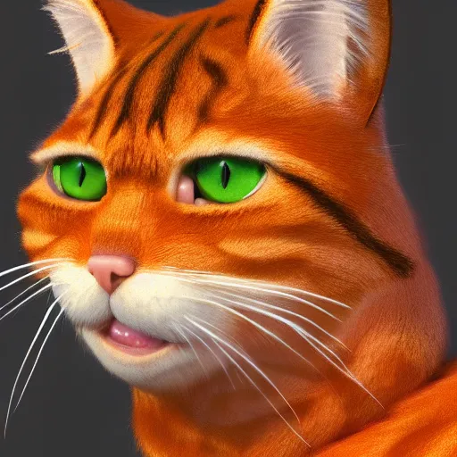 Image similar to hyperrealistic picture of the cat Garfield, orange fur, intricate, hyperdetailed, trending on Artstation, 4k, 6k