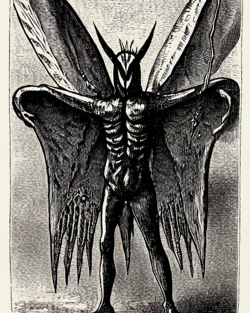 Image similar to illustration of mothman as a demon from the dictionarre infernal, etching by louis le breton, 1 8 6 9, 1 2 0 0 dpi scan, ultrasharp detail, clean scan