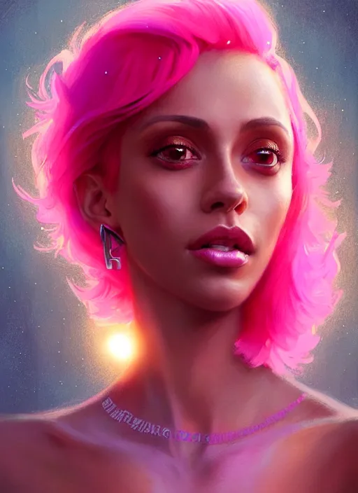 Prompt: portrait of vanessa morgan with bright pink hair, curly pixie cut hair, intricate, elegant, glowing lights, highly detailed, digital painting, artstation, concept art, smooth, sharp focus, illustration, art by wlop, mars ravelo and greg rutkowski