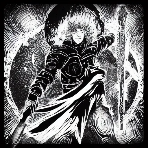 Image similar to black and white pen and ink!!!! aesthetic instagram artstation trending royal! nordic goetic Raiden x Frank Zappa golden!!!! Vagabond!!!! floating magic swordsman!!!! glides through a beautiful!!!!!!! black hole battlefield dramatic esoteric!!!!!! pen and ink!!!!! illustrated in high detail!!!!!!!! by Junji Ito and Hiroya Oku!!!!!!!!! graphic novel published on 2049 award winning!!!! full body portrait!!!!! action exposition manga panel black and white Shonen Jump issue by David Lynch eraserhead and Frank Miller beautiful line art Hirohiko Araki