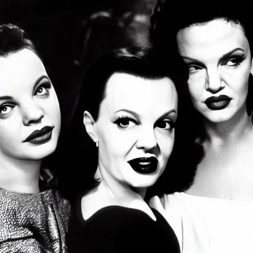 Prompt: a photographic portrait of judy garland and lisa minelli and angelina jolie, close up