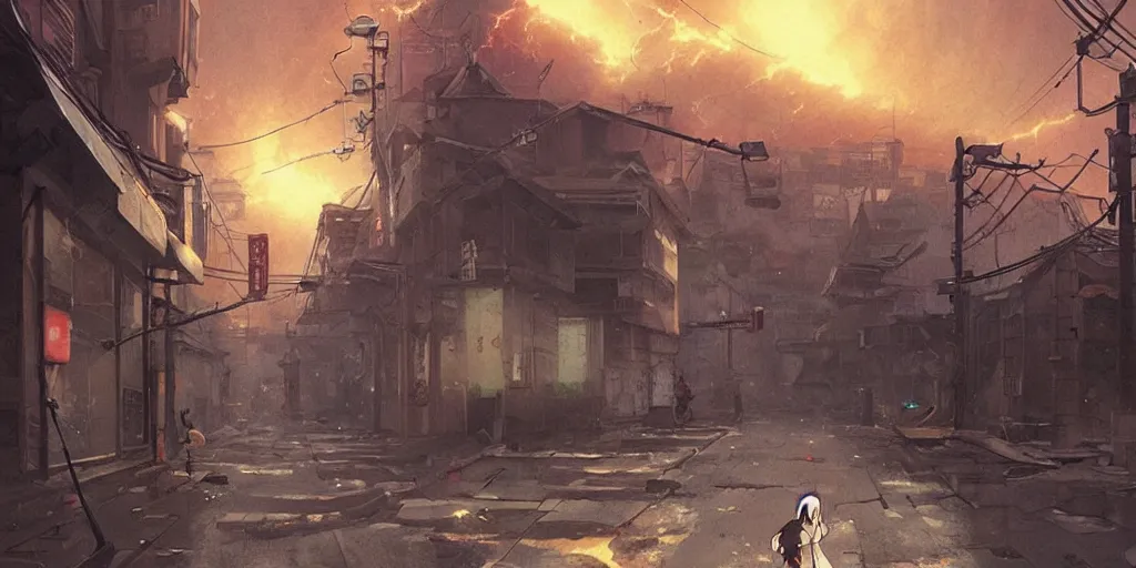 Image similar to A daemon bursts through the floor of an urban japanese street, there is an apocalyptic electrical storm in the sky, Greg Rutkowski and Studio Ghibli