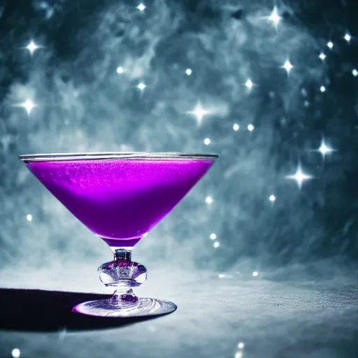 Prompt: pro food photography of a purple ominous glowing cocktail depicting the galaxy, 4K, high octane, foggy